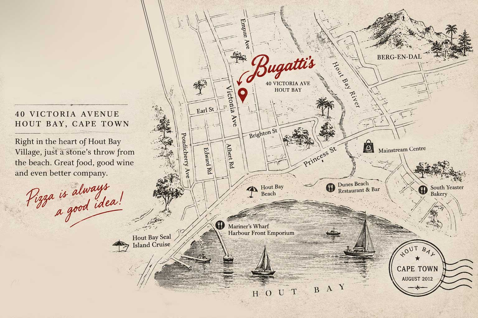 Illustrated map of Hout Bay Village showing Bugatti's at 40 Victoria Avenue